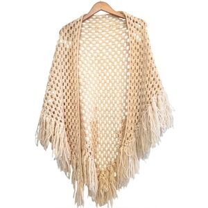 🌈 6/$60 Vintage Cream Handmade Boho Hippie Cottage Retro Soft Chunky Knit Shawl